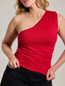 Klassy Network Ruched One Shoulder Fitted Women's Top in Black Polyester Fabric with Compressive Band Support