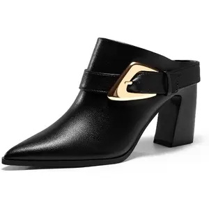 Coutgo Womens Mules Boots Chunky Stacked Heel Pointed Toe Booties Slip On Dress Boot Shoes with Buckle Decoration