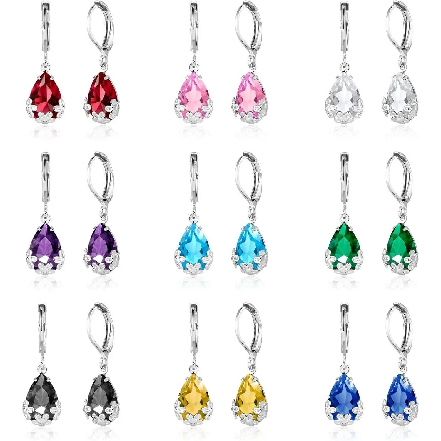 Dangle Earrings for Women Multicolor Crystal Drop Earrings Set Leverback Teardrop Earrings 925 Silver and 14K Gold Plated Hypoallergenic Fashion Cubic Zirconia Dangle Earrings Trendy Jewelry Gifts for Women