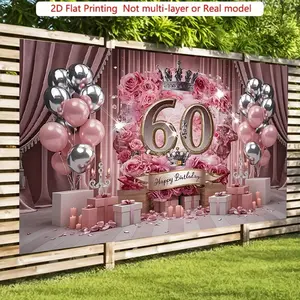 1PC,2D Flat 60th Birthday Decor Backdrop, Pink Rose Crown Balloon Themed Party Background Banner, Photo Booth Prop & Event Decoration Cloth for Adult's 60th Birthday Celebration, Ideal for Party