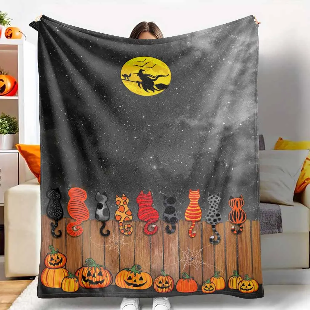 Halloween Witch and Cats Flannel Throw Blanket, Spooky Moon Pumpkin Print, Super Soft Lightweight Plush Fuzzy, Warm Cozy Breathable, Ideal for Sofa Living Room Nap, Holiday Decorative Gift Bedding Accessory