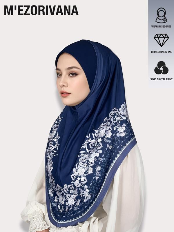 Muslim Headscarf Hijab with Bouquet Print and Gem Embellishments, Multiple Colors Available, Chiffon Fabric, Comfortable Hat Brim, Ideal for Ramadan, Modest Hijab