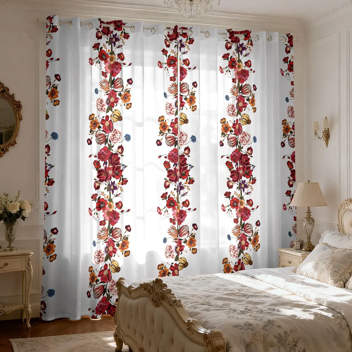 2 pieces of fresh romantic flowers on a white background, vertical rows of colored roses, tulips, butterfly filter translucent curtains suitable for machine washable decorative curtains in living rooms, bedrooms, kitchens, etc.