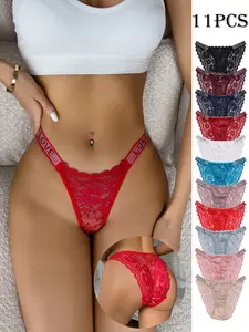 Women's Floral Lace Triangle Panties Set, Low Waist Comfortable Breathable Fit Underwear Lingerie, Casual All Season Wear, 11 Pieces