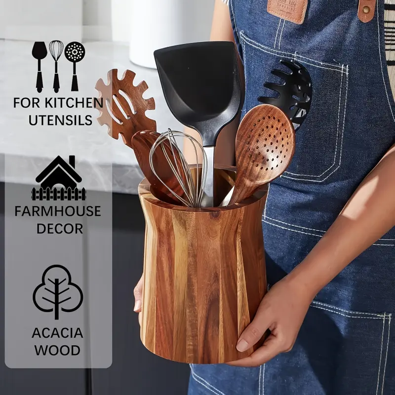 1PC Wooden Kitchen Utensil Storage Rack 360 Degree Rotating Countertop Organizer for Spatulas, Spoons, Cooking Tools Kitchenware Country Style Decor