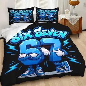 2/3Pcs Playful Blue Cartoon Duvet Cover Set, Bright '67' Themed Bedding Set, Glossy 3D Design with Energetic Vibes, Ideal for Kids' Bedroom Decor, Soft and Cozy, Perfect for a Fun Sleep Environment!, Includes 1 or 2 Pillowcase - No filling/Zipper Clo