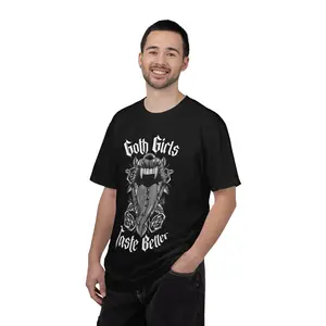 Men's Relaxed Fit Cotton Fabric Menswear Round Neck Short-Sleeve Goth Casual T-Shirt - Alternative Garment with Vampire Fangs Print, Roses, Gothic Script