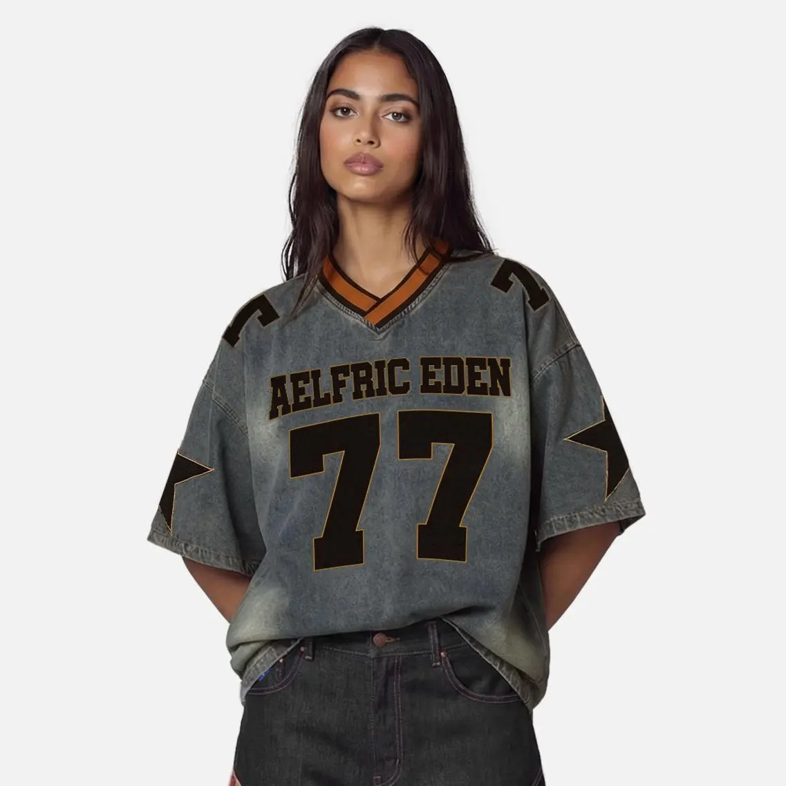 Aelfric Eden Men's Oversized V-Neck Cotton Denim Tshirt - Short Sleeve, 77 Number Star Print, Retro Washed, Casual Graphic Tee, Vintage Street Style Menswear Top,summerwins,father'sdaygifts