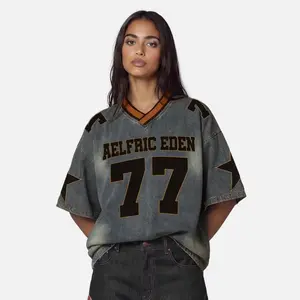 Aelfric Eden Men's Oversized V-Neck Cotton Denim Tshirt - Short Sleeve, 77 Number Star Print, Retro Washed, Casual Graphic Tee, Vintage Street Style Menswear Top,summerwins,father'sdaygifts