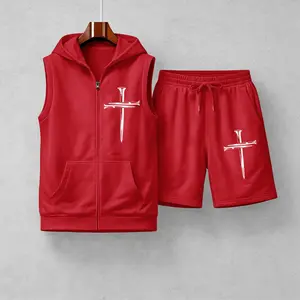 Men's Cross-Print Sleeveless Hoodie And Shorts Set, Two-Piece Sportswear, Summer Casual Fitness Street Style, Zip-Up Hooded Vest And Drawstring Shorts, Breathable, Lightweight And Comfortable Loungewear Set.