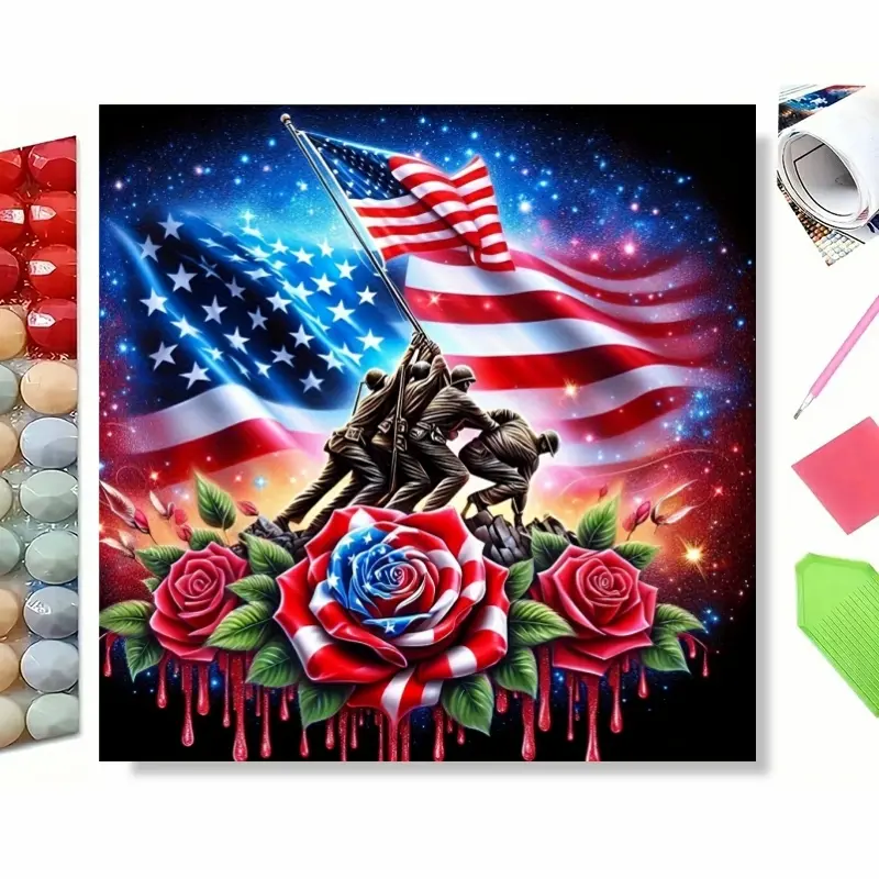 Patriotic Soldiers & American Flag 5D Diamond Painting Kit, Full Drill Rhinestone Craft, DIY Craft Supplies, DIY Memorial Rose Diamond Art, Stunning Home Wall Decor for Living Room Bedroom, Diamond Art Tools