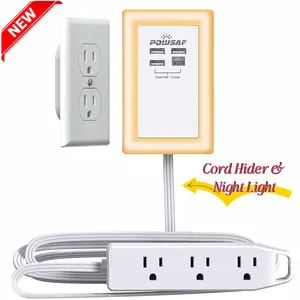 [Instant Setup] 6Ft Lighted Extension Cord with 3 Outlets – ETL Listed, Grounded 3-Prong Plug, POWSAF Cord Hider & Organizer with Night Light – Quickly Hide Bulky Cords Concealer