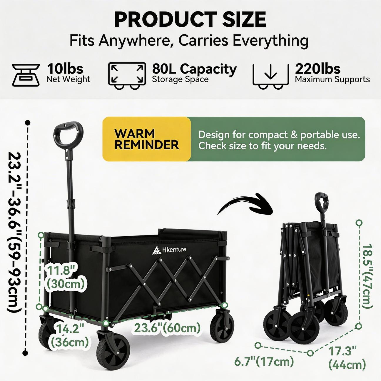 Hikenture Wagon Cart Foldable,Ultra-Compact Small Utility Folding Wagon,Heavy Duty Grocery Cart with All-Terrain Wheels,Portable Collapsible Wagon for Garden,Beach,Shopping,Camping,Sports