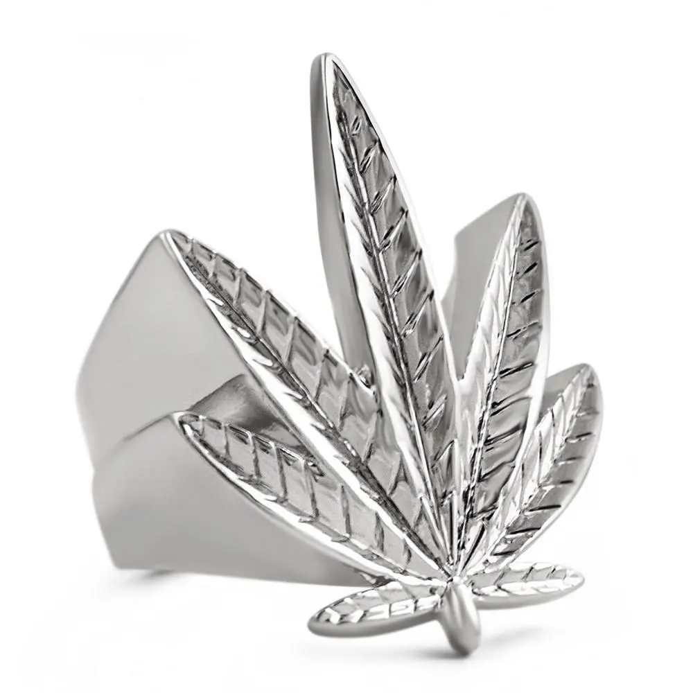 Rhodium-Plated Marijuana Leaf 420 Stoner Ring, Costume Jewelry Collectible, Limited Production Very Unique Chronic Hip Hop Style Leaf Ring, Collectibles