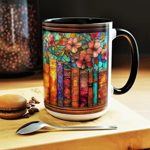 Stained Glass Books Mug, Floral Cottagecore 11oz 15oz Ceramic Coffee Cup, Aesthetic Reader Mug, Bookish Gift For Her, Book Club Members