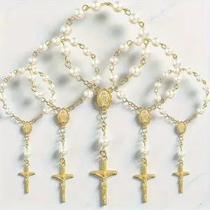5PC Bohemian Style Jesus Crucifix Pendant Rosary Set - Faux Pearl Prayer Beads, Catholic Baptism Wedding Thank You Favors, Religious Gift, Necklace Set