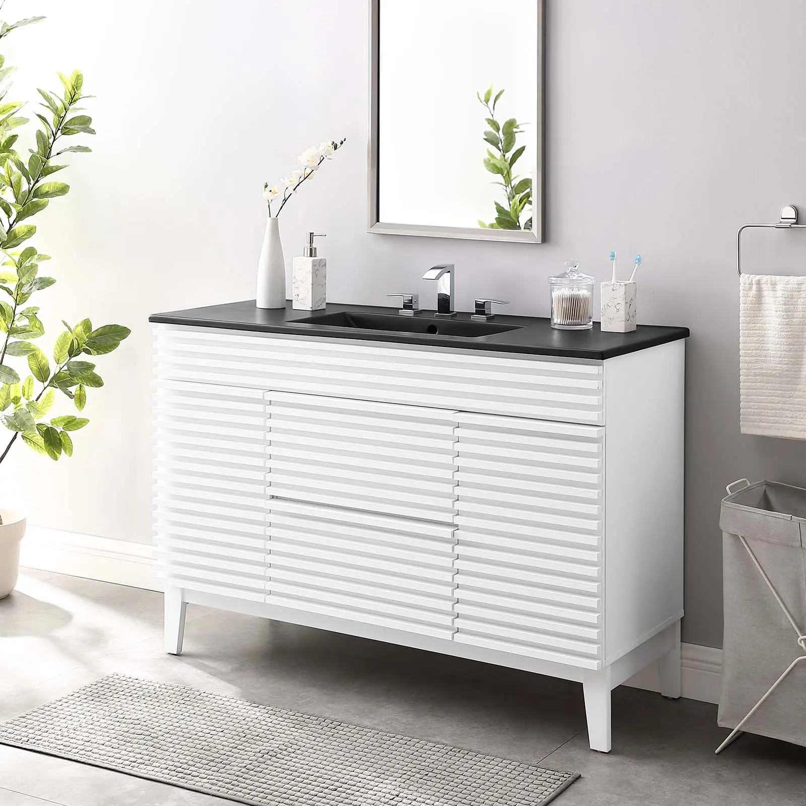 Modway Render 48" Single Sink Modern Retro Bathroom Vanity Cabinet with Storage, White-Black Finish, 4 Tapered Wood Legs, Assembly Required, Modern Storage Cabinet