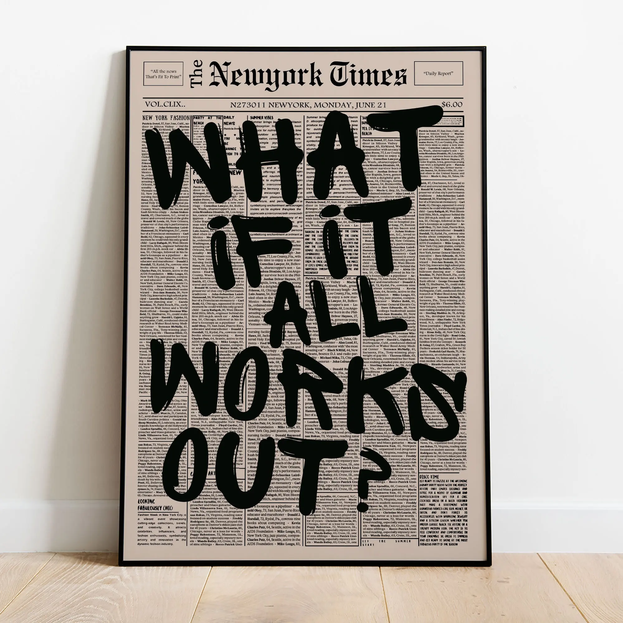 Unframed Black-and-White Newspaper Graphic Print Poster - "What If It All Works Out" Artistic Inspirational Wall Decor, High-DPI Waterproof Home Supply, Ideal for Room & Wardrobe, Military-Inspired Plaid-Polka Dot Accent, with Retail Box, Houndstooth, Uni