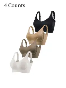 Women's Solid Four-breasted Adjustable Wireless Bra, Soft Comfortable Breathable Ribbed Push Up Seamless Bra, Women's Lingerie Underwear for All Seasons