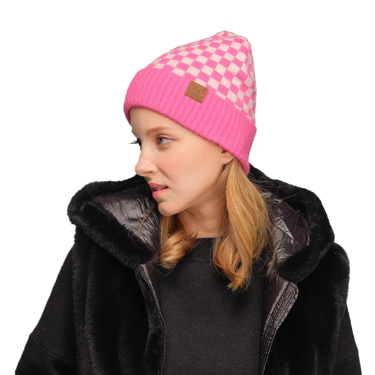 C.C Stretchy Checkered Gingham Beanie for Women casual knit hat casual warm beanie hat winter beanie warm hat