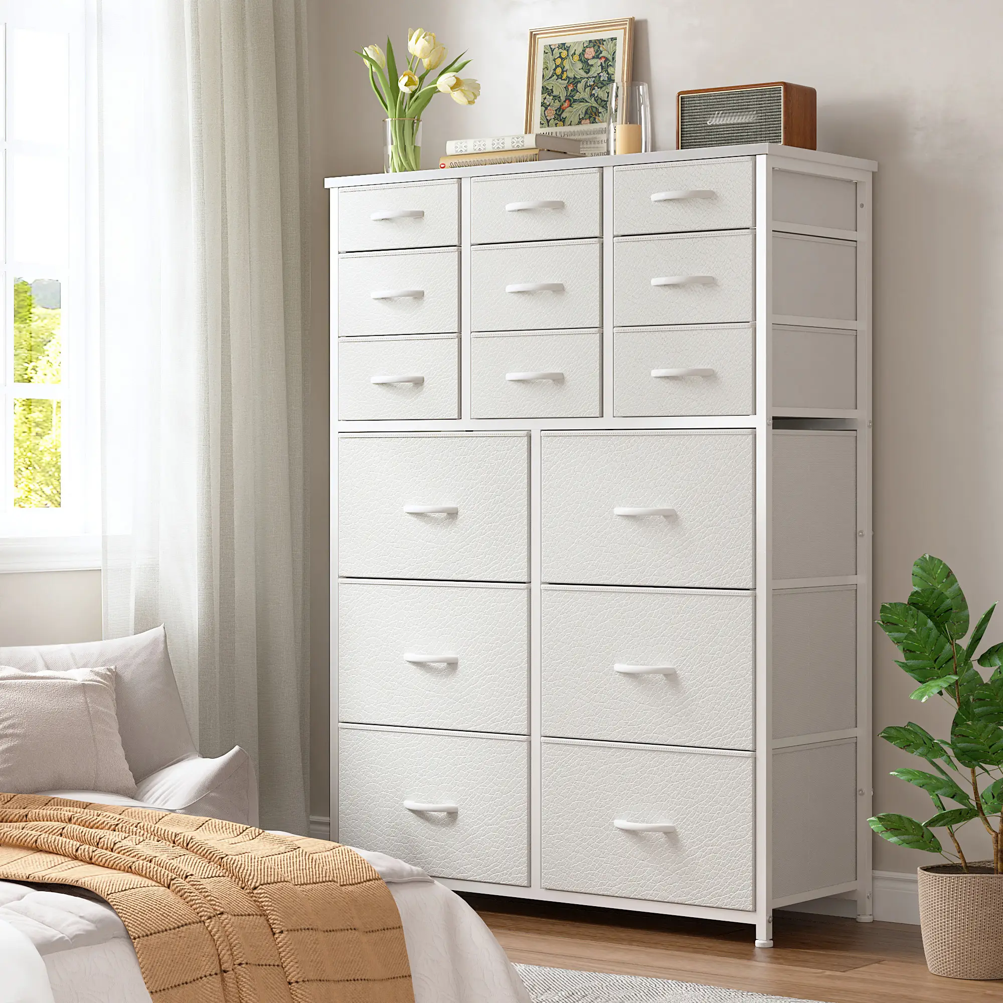 Raybee Furniture Dresser with 15 Drawers, Tall Dressers with Wood Top and Metal Frame, Large Dressers & Chest of Drawers for Bedroom, Closet, Nursery