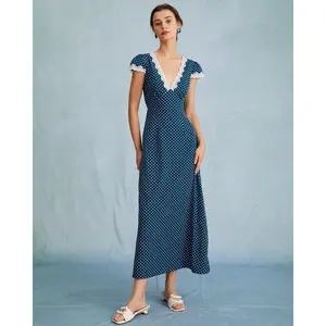 The Navy V Neck Polka Dot Lace Ruched Maxi Dress