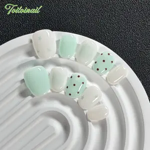 Mint Dot Handmade Press-On Nails | Short Oval Shape, 10pcs | Icy Mint Green Base with White Gradient, Brown Dot & Light Green Star Print | Fresh Cute Summer Aesthetic | Daily Casual Wear, Reusable False Nails, False Acrylic Nails