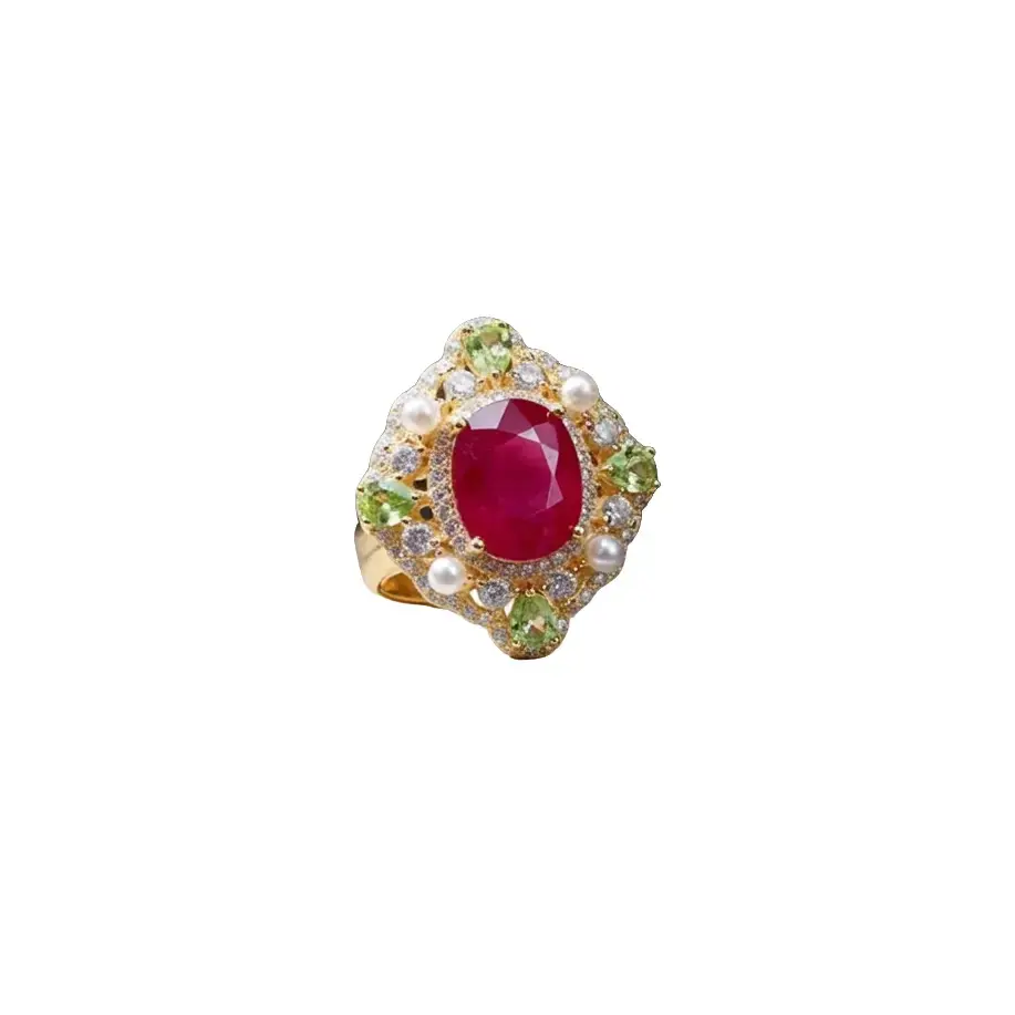 Natural Burma Ruby and Peridot Gemstone Statement Ring 8x10mm Vintage Sterling Silver