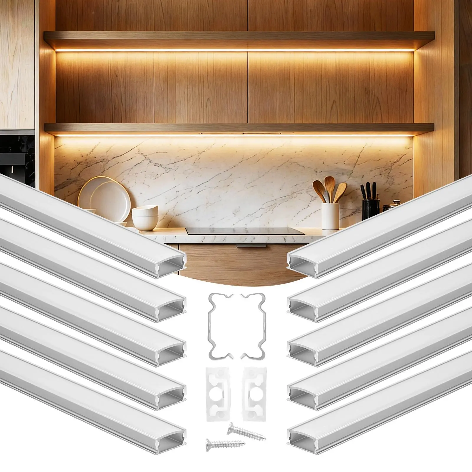 【BackToSchool】VEVOR 10-Piece U-Shape LED Aluminum Channel Interior Lighting Kit (3.3ft/1M) with Milky Light Covers, End Caps, Mounting Clips, Easy Installation for Under Cabinets, Wardrobes, Recessed Lighting (Christmas/Easter Gift)