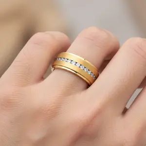 Gold Titanium Ring Wedding Band, Titanium Eternity Band, Round-Cut CZ Inlay Titanium Engagement Ring, Comfort Fit 8mm CZ Wedding Ring, Channel Set Cz Anniversary Ring