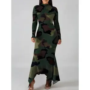 Women's Camo Print Asymmetrical Mock Neck Bodycon Dress, Elegant Fashion Long Sleeve Dress for Daily Outdoor Wear, Ladies Spring & Fall Clothes