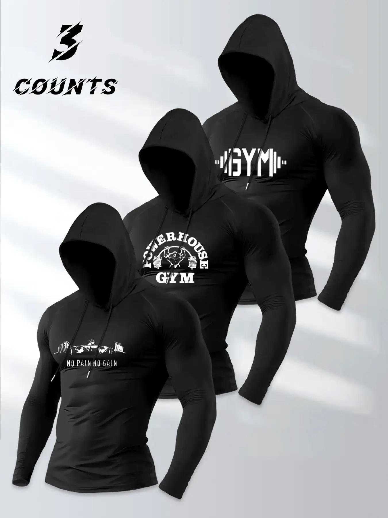 Men's 3-Piece Long Sleeve T-Shirt Set, Fashion Gym Weightlifting Letter Print, Gym Clothes Workout, Casual Knit Hoodie, Soft Fabric, All Seasons Gift, Workout Sets