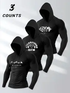 Men's 3-Piece Long Sleeve T-Shirt Set, Fashion Gym Weightlifting Letter Print, Gym Clothes Workout, Casual Knit Hoodie, Soft Fabric, All Seasons Gift, Workout Sets