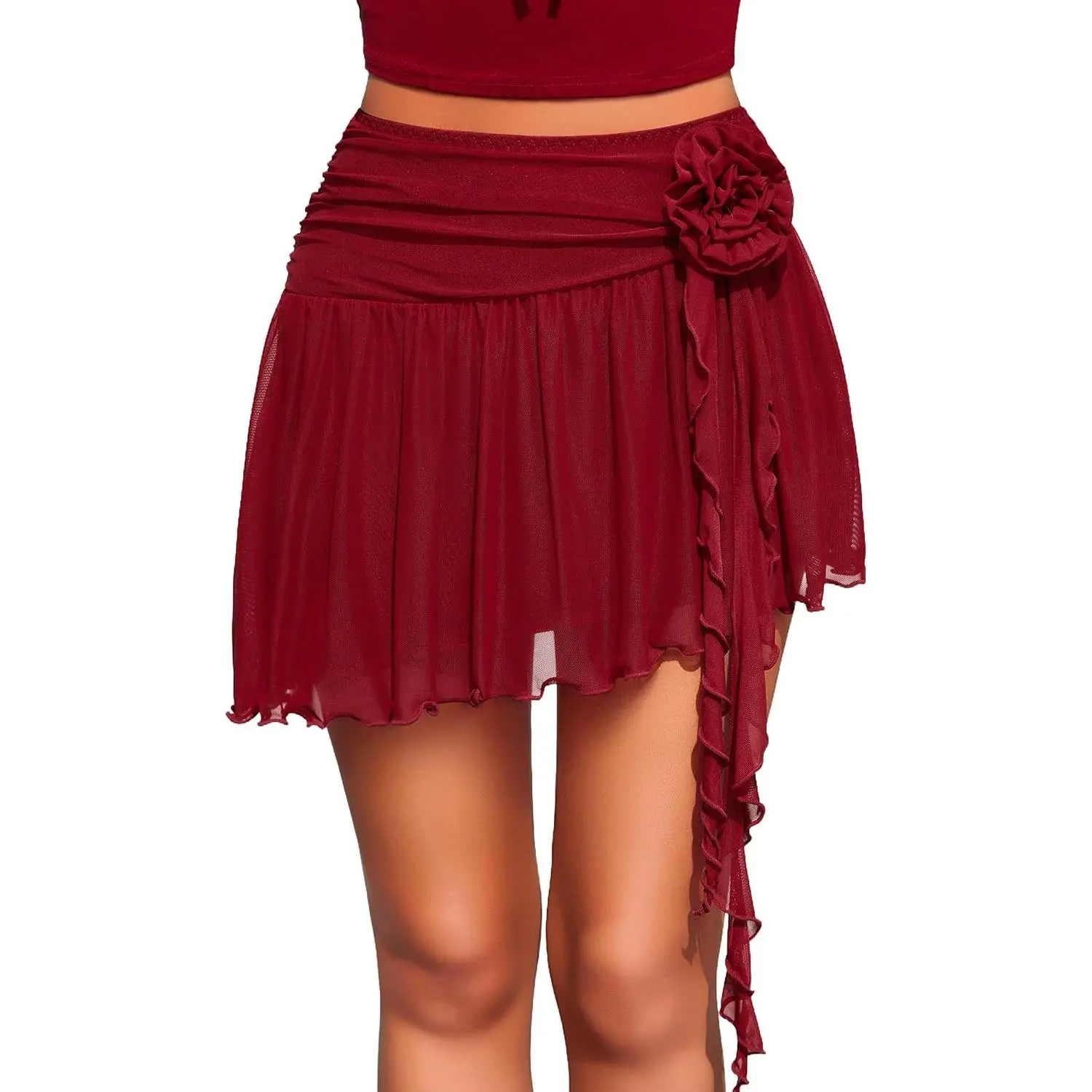Women's Mini Skirt Mesh Flowy Y2K Skirts Asymmetric Hem Skirt | mini length, Y2K style, ruched waistband, 3D floral appliqué, flowing ribbon tie, asymmetrical hem