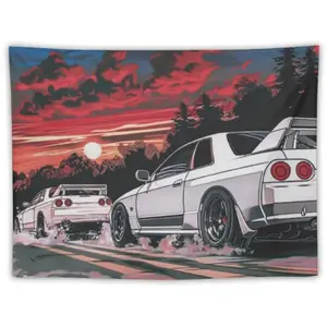 Car Flag Tapestry for Bedroom R32 Japanese Retrowave Anime Jdm Racing Car Wall Tapestry Cool Flags Room Decor Large Wall Art Tapestries for Bedroom Living Room