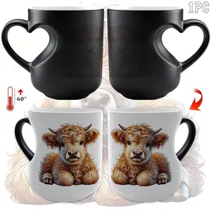 11oz Highland Cow Heat Sensitive Color Changing Mug - Cute Cow Print Ceramic Coffee Cup with Heart Handle, Double-Sided Pattern, Novelty Magic Mug for Hot Drinks, Funny Mug, Reusable Ceramic Mug, Gift for Cow Lovers