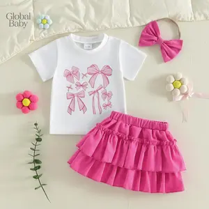 Global Baby skirt set for ages 1-4 years girls set girl clothes set kids girl clothes Baby Girl Summer Outfits Bow Print Short Sleeve T-Shirt Riffled Skirt Bow Headband 3 Pcs Set Girl's