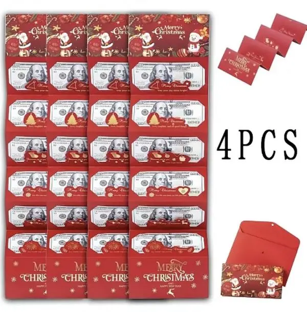 [4 Pack] Christmas Dollar Folding Red Envelopes Gold Stamping Gift Pack with 6Slot DIY Holiday Cash Envelopes for Party Festive Decorations Money Birthday Cards with Envelopes Surprise Birthday Gifts Valentine's Day Gifts Christmas Gifts Party Supplies