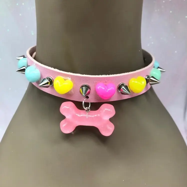 Pink dog bone neon spike necklace costume Pink dog bone neon spike necklace costume