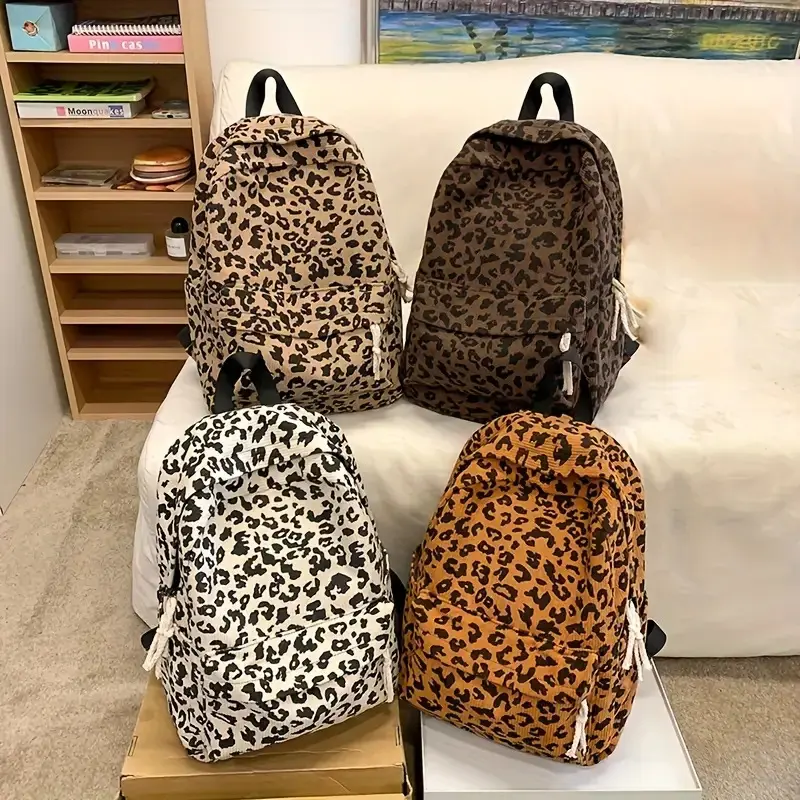 Fashionable Leopard Print Corduroy Backpack - Spacious Laptop Bag with Adjustable Straps, Multiple Compartments, And Zipper Closure, Suitable for Travel And Everyday Use, Casual Backpack |     Stylish Backpack |     Corduroy Material, Travel Backpack