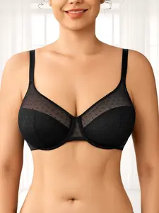 Women's Polka Dot Lace Underwire Full Cup Bra, Comfortable Breathable Mesh Cups, Medium Support, Fitted Design, All Seasons