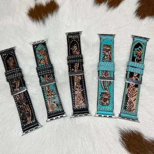 Tooled Leather Watch Band - Black & Teal Color Options with Unique Tooled Designs