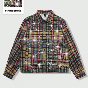 Men's plaid shirt, adorned with rhinestones, long sleeves, American urban style, Casual street style