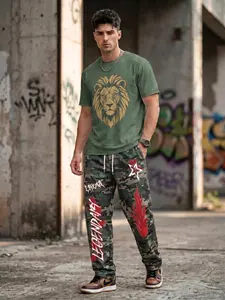 Hip-hop goth Harajuku style – the ultimate streetwear must-have for men! A bold lion-head design paired with camouflage trousers for maximum tough-guy appeal, featuring a printed design in a relaxed, sporty, loose-fitting set.