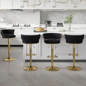 Bar Stools Set Of 2/Set Of 4, Adjustable Barstools Counter Height Stools With Back And Arm, Velvet Woven Kitchen Island Stools W/Gold Metal Leg & Base, 360° Swivel Bar Chair