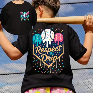 [Made in USA] #Youth and Adult Baseball Respect Drip Ice Cream Shirt, Sport outfit for Boys, Boy Baseball Life Shirt, Ice Cream Drip tee, Trendy Summer Back to School Outfits, Game day graphic tee, Y2k Style Print