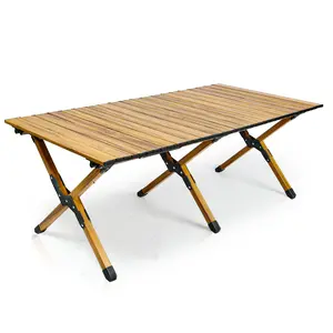 Whitsunday Folding Camping Table Aluminum Portable Roll-Up Picnic Table Wood Grain
