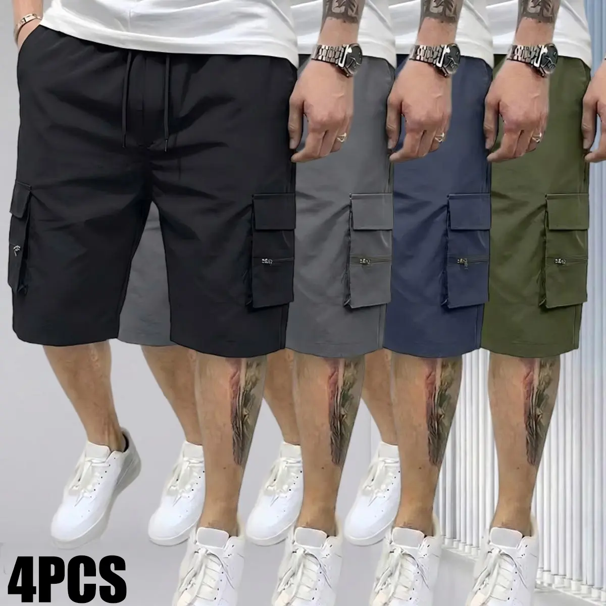4 men's casual tooling loose shorts, elastic drawstring shorts, tear-resistant elastic fabric, 6 + utility pockets, adjustable drawstring belt, gym and summer adventure Sportswear Athletic shorts for summer Activewear