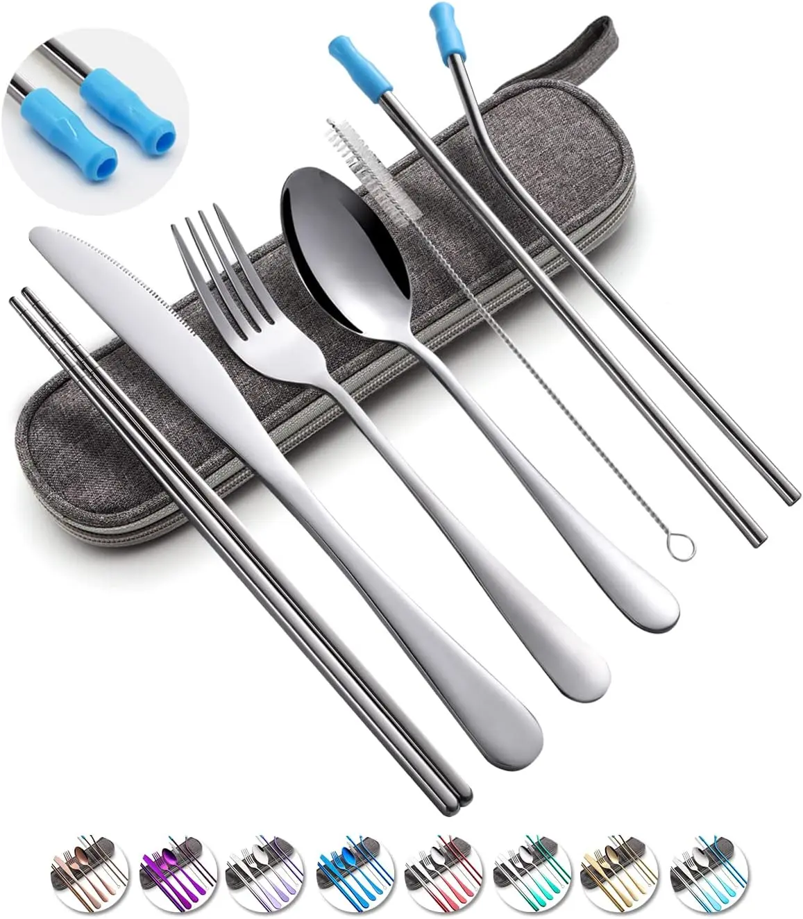 Travel Utensils Set with Case  Portable Cutlery Set Stainless Steel 8 count Including Dinner  Fork Spoon Chopsticks Straws()