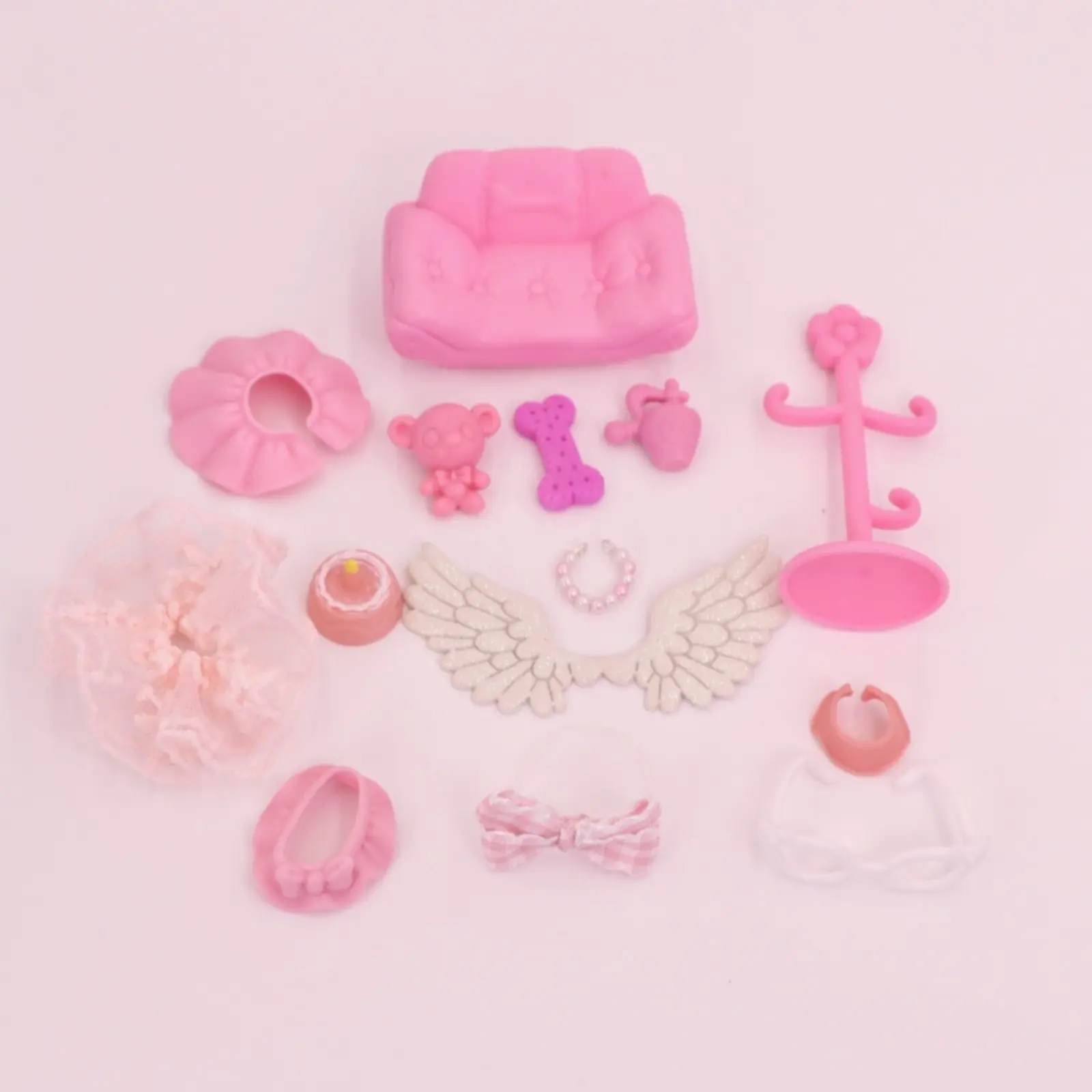 15 Pcs Miniature Accessories Set for Mini Toy Pets – Shoes,Hangers, dressing table,comb, food, skirts, collar, necklace, Jacket etc for Shorthair Cat, Collie, Dachshund, Cocker Spaniel & Cow Figures